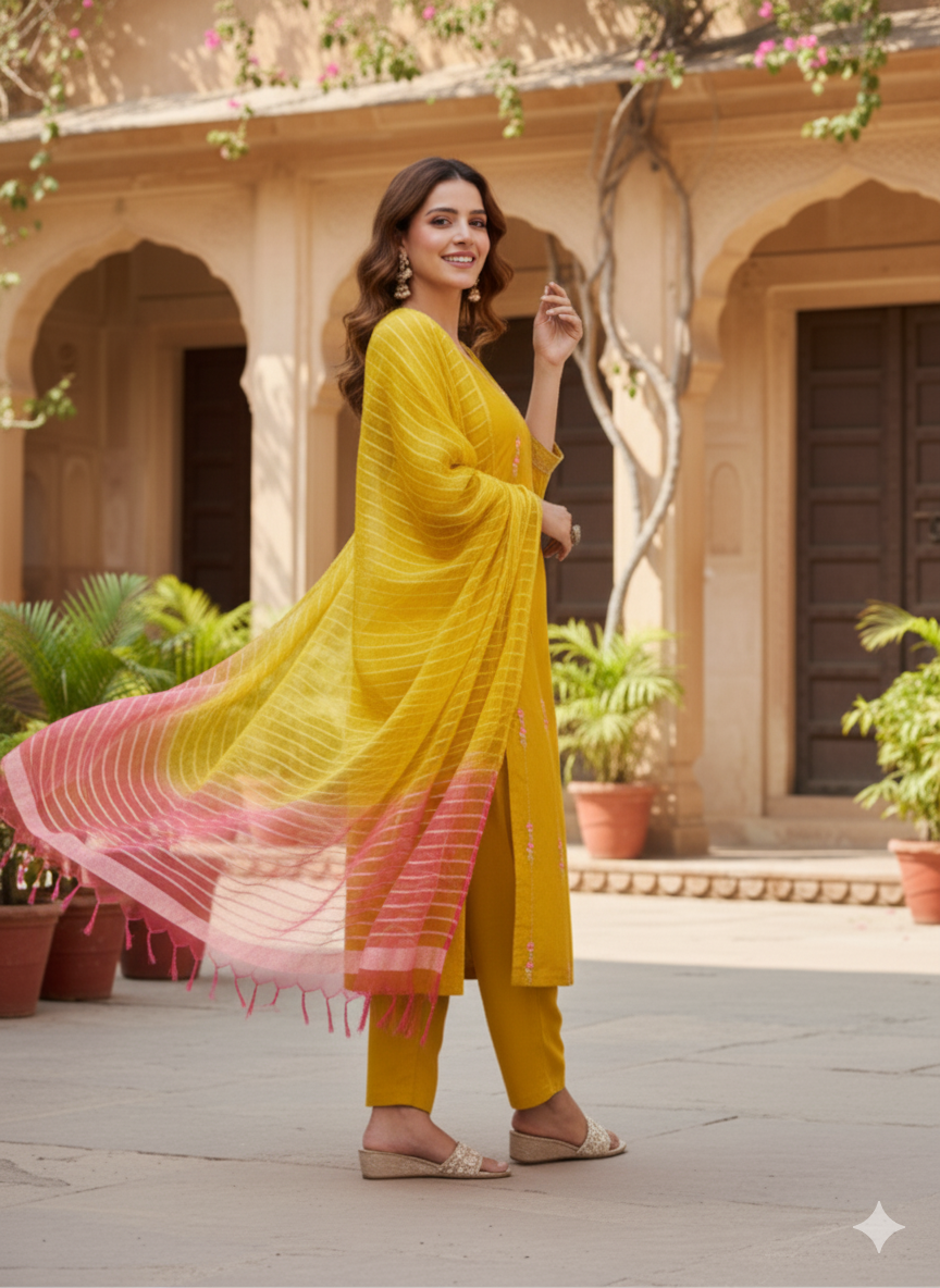 Musturd Embroidered Silk Kurta with Dupatta Set