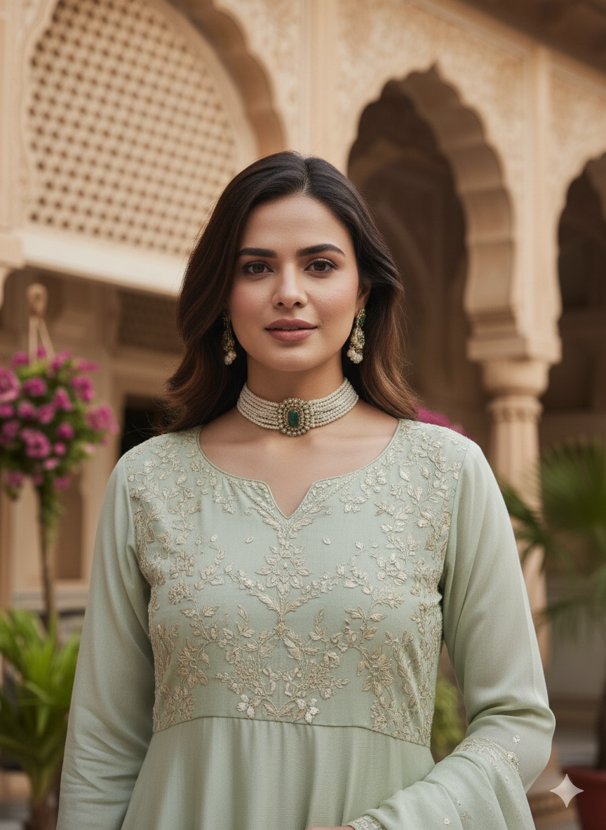 Pista Green Embroidered Silk Anarkali kurta with Dupatta Set