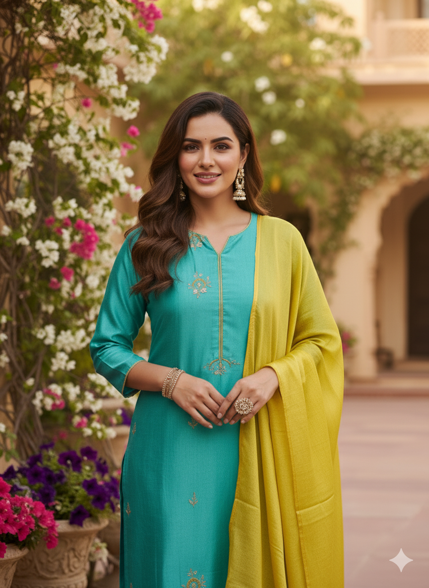 C-Green Embroidered Chinon Kurta with Dupatta Set