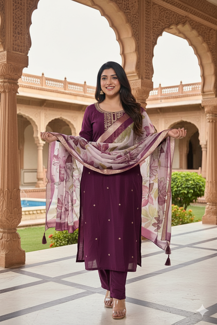 Wine Chinon Kurta Duppta Set with neck patch work