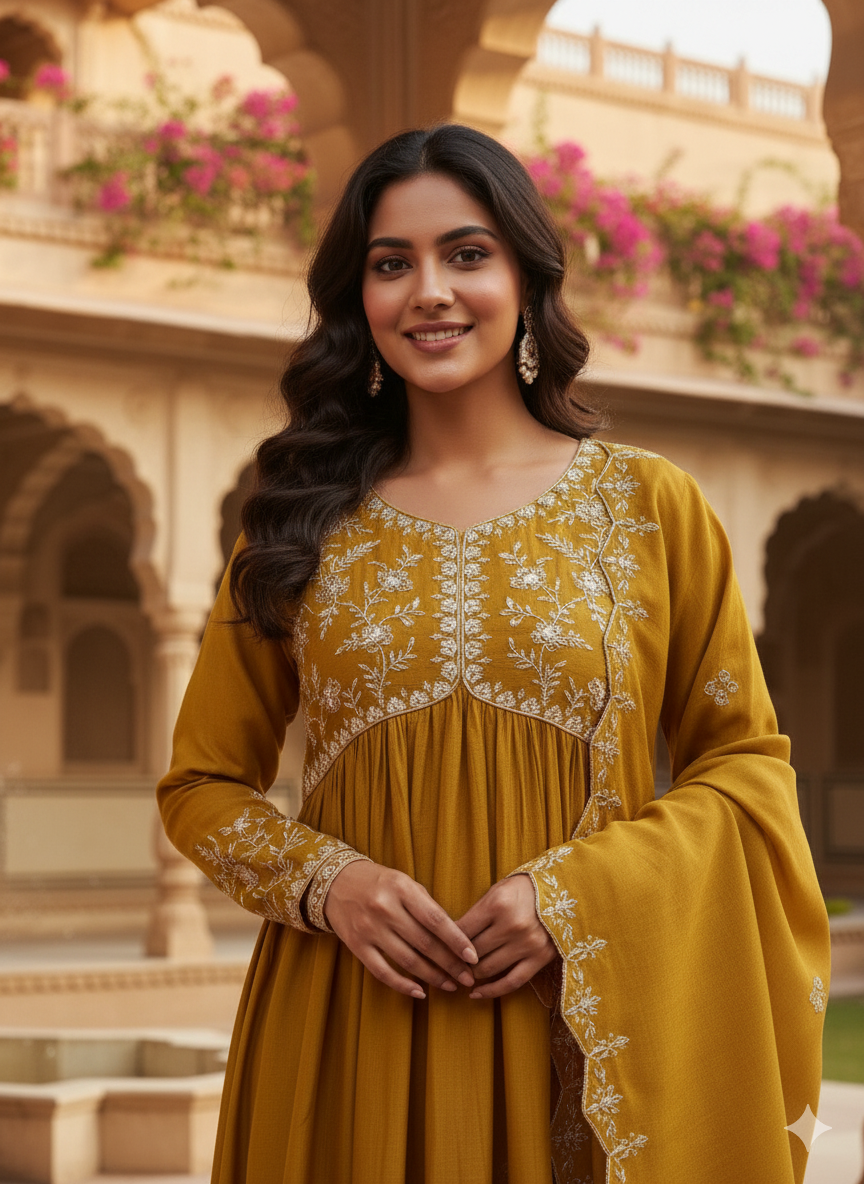 Mustard Embroidered Silk Blend Anarkali Kurta Set with Dupatta