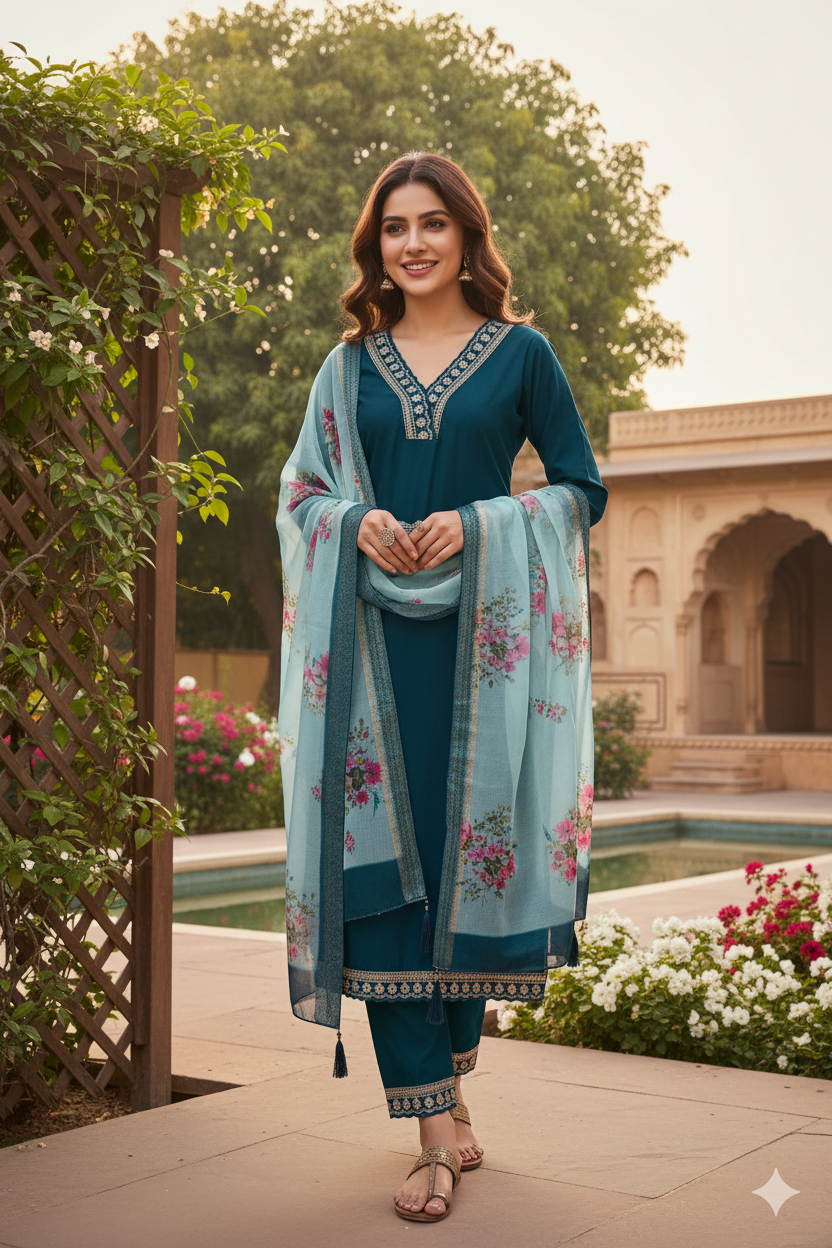 Teal Blue Embroidered Chanderi Viscose Straight Suit With Dupatta