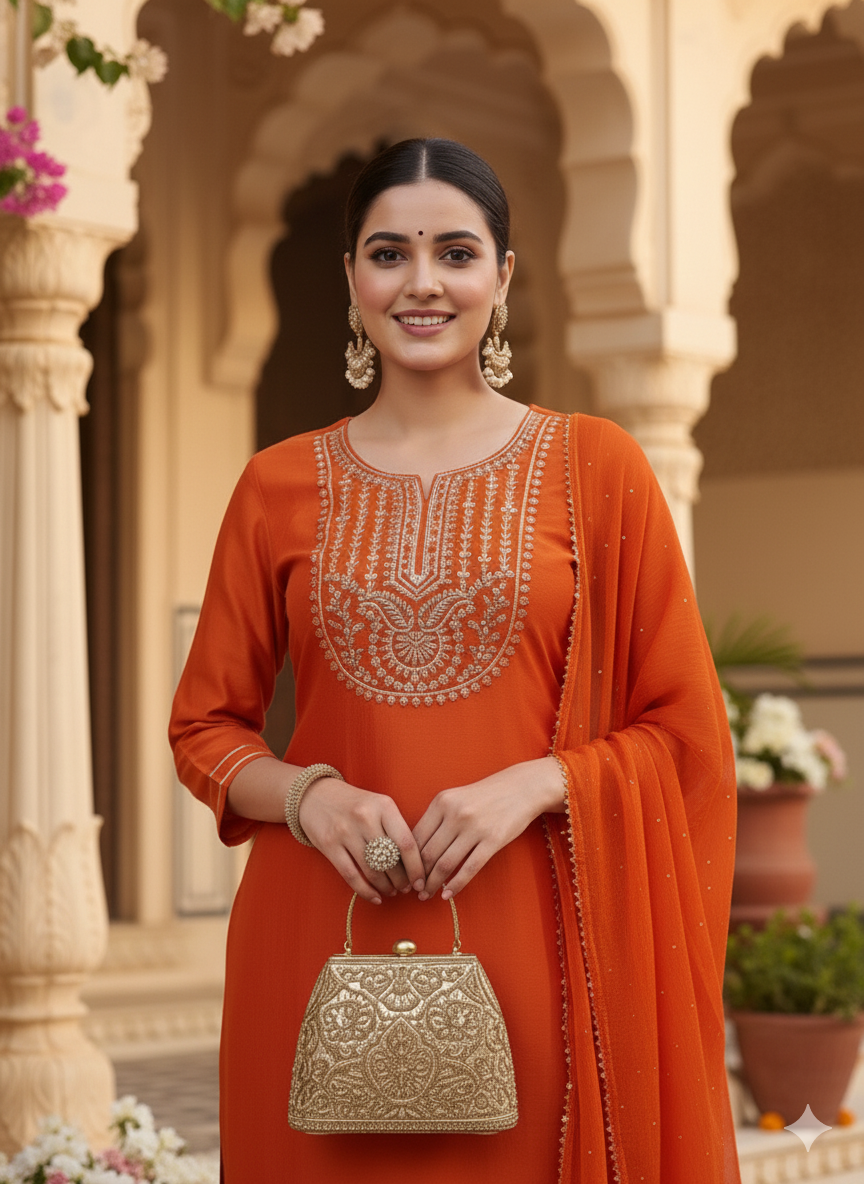 Orange Embroidered Chinon Kurta with Dupatta Set