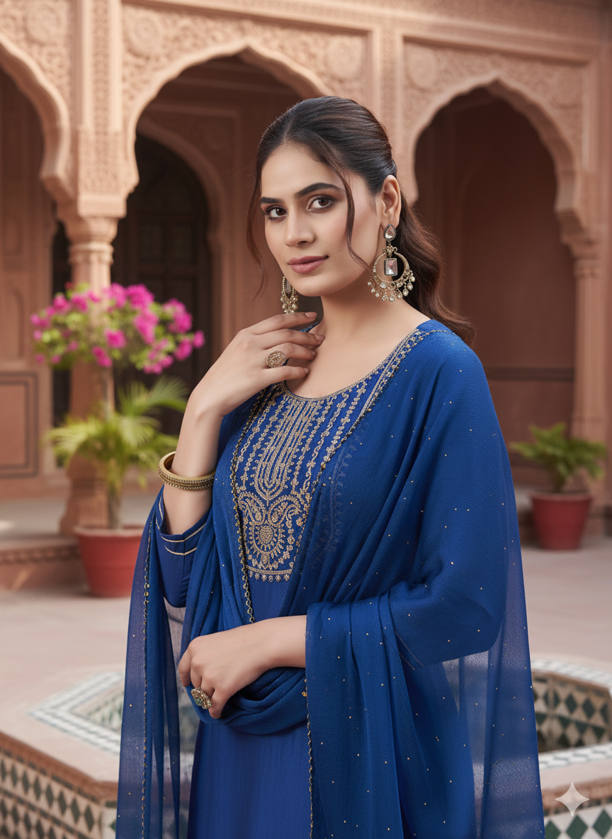 Teal Blue Embroidered Chinon Kurta with Dupatta Set