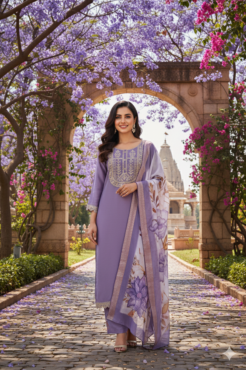 Purple Self Design Chinon Straight Kurta With Printed Dupatta