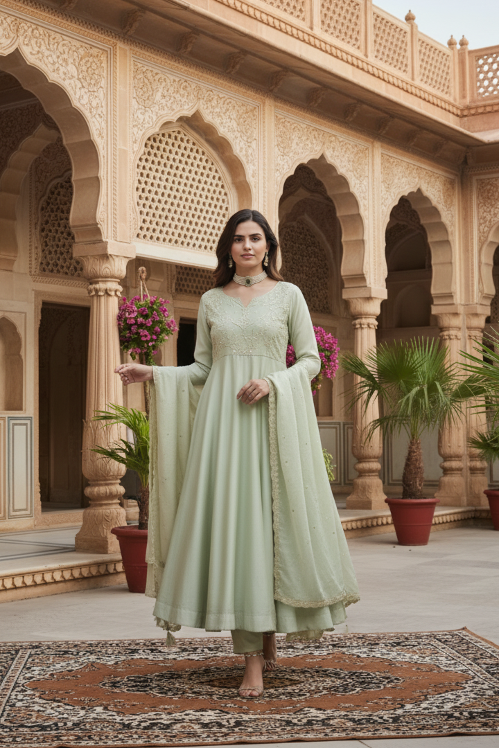 Pista Green Embroidered Silk Anarkali kurta with Dupatta Set