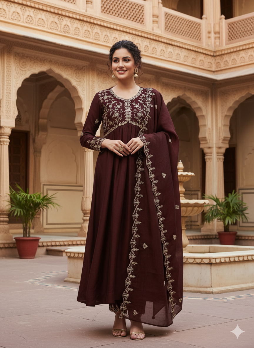 Coffee Embroidered Silk Blend Anarkali Kurta Set with Dupatta