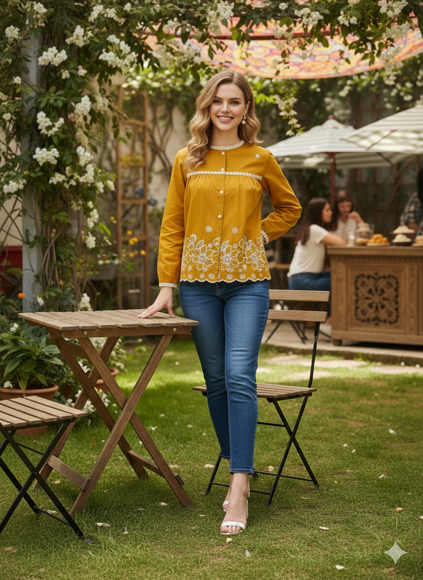 Mustard Embroidered Full Sleeves Regular Cotton Shirt