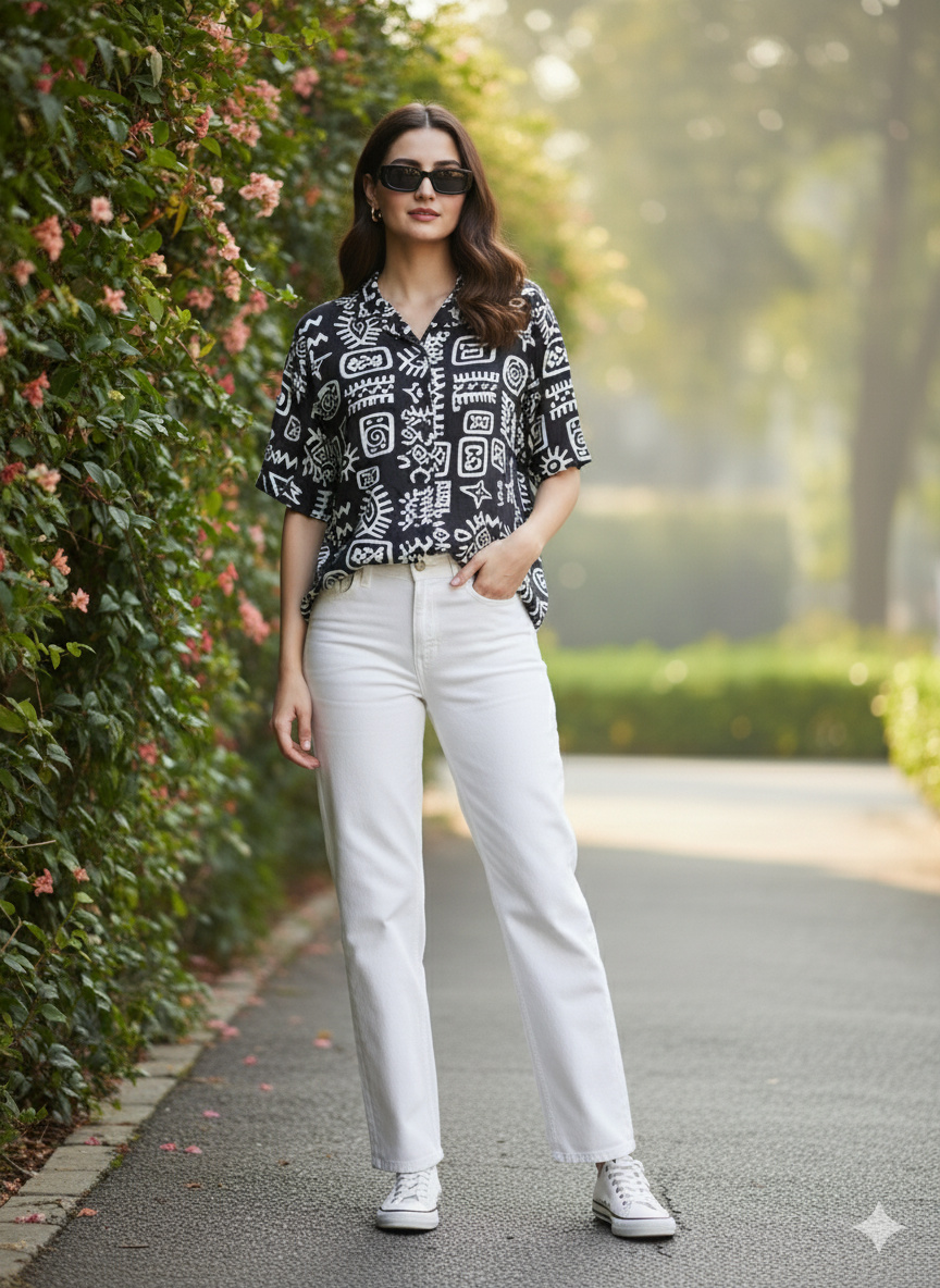 Women Black Rayon Print Regular shirt