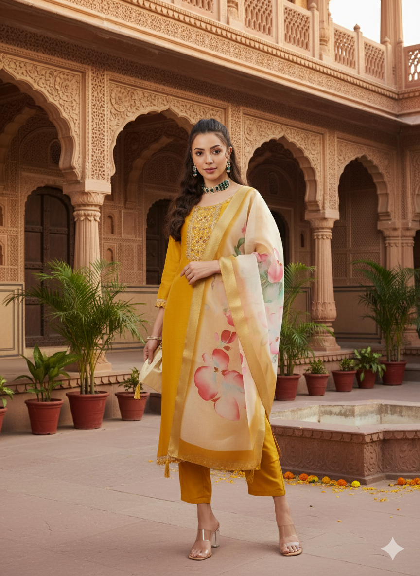 Mustard Yoke Design Chinon Straight Suit With Printed Dupatta