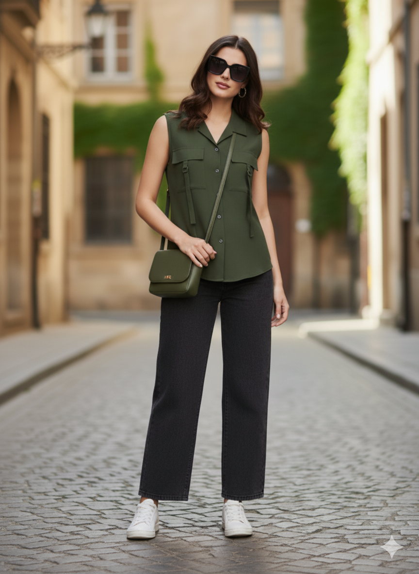 Women Olive Viscose Blend Plain Regular Sleeveless Shirt