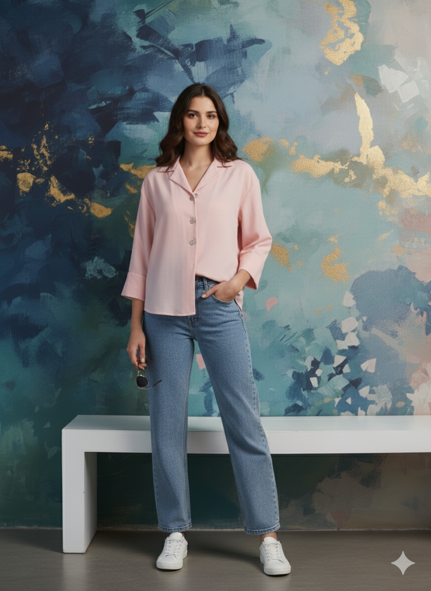 Women Pink Cotton Blend Plain Regular 3/4 Sleeve Shirt