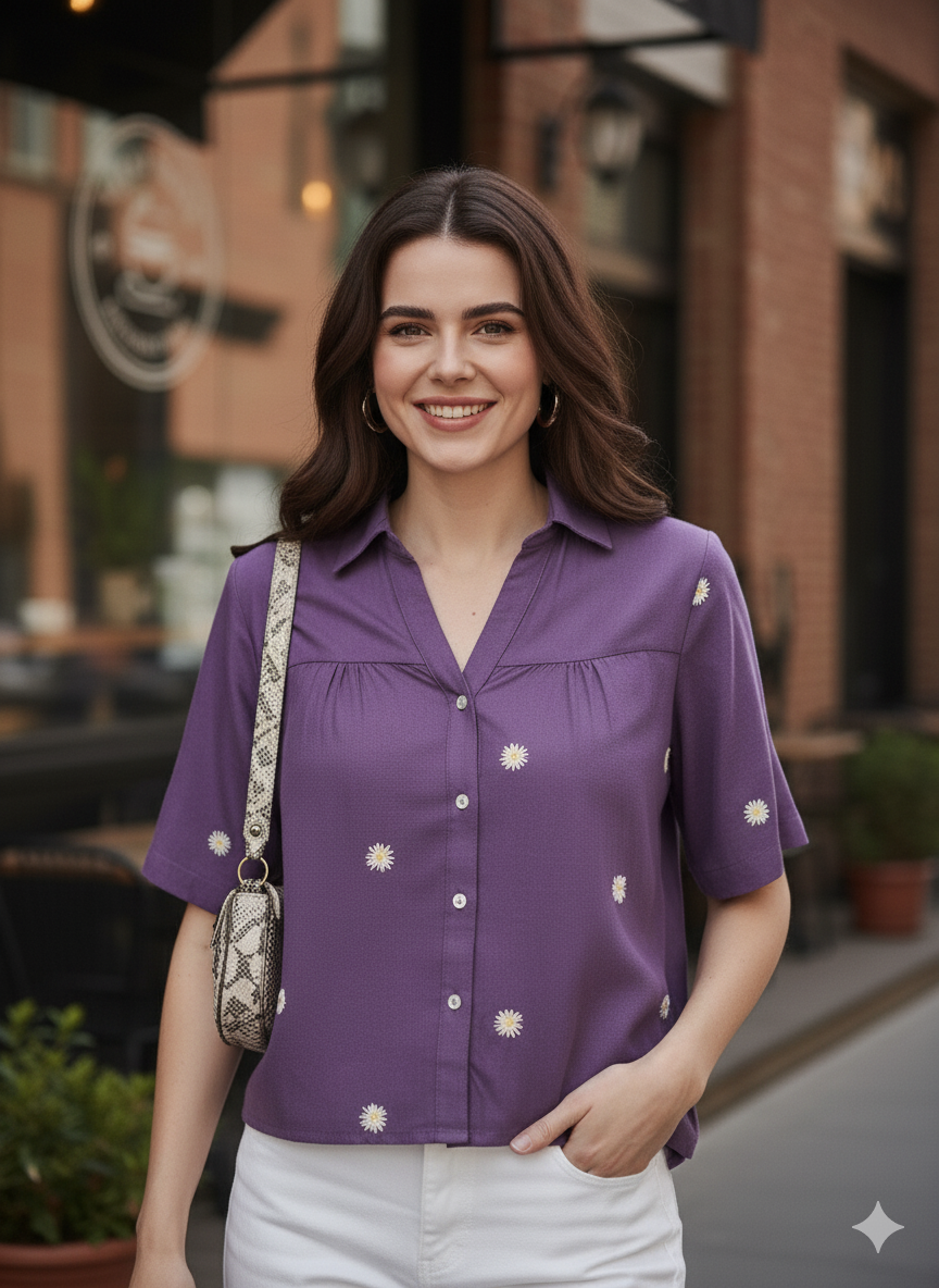 Women's Dark Purple Rayon Embroidered Oversize shirt