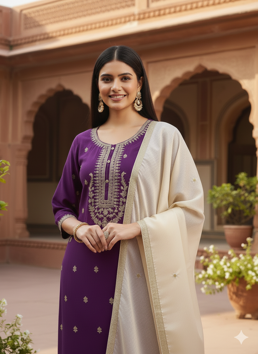 Violet Wel Embroidered With Contras Dupatta Kurta Set