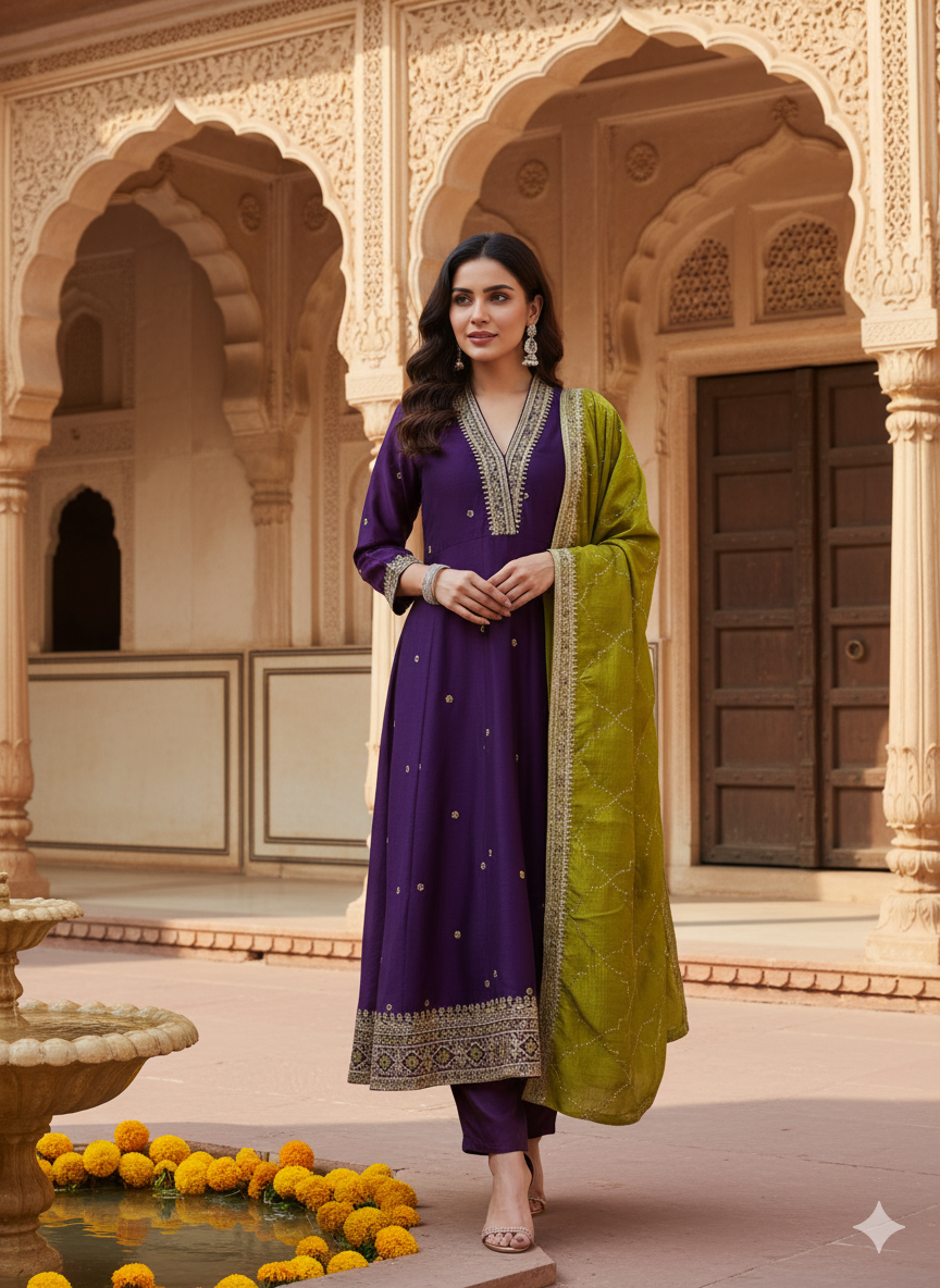 Violet Embroidered Silk Anarkali Kurta With Dupatta Set