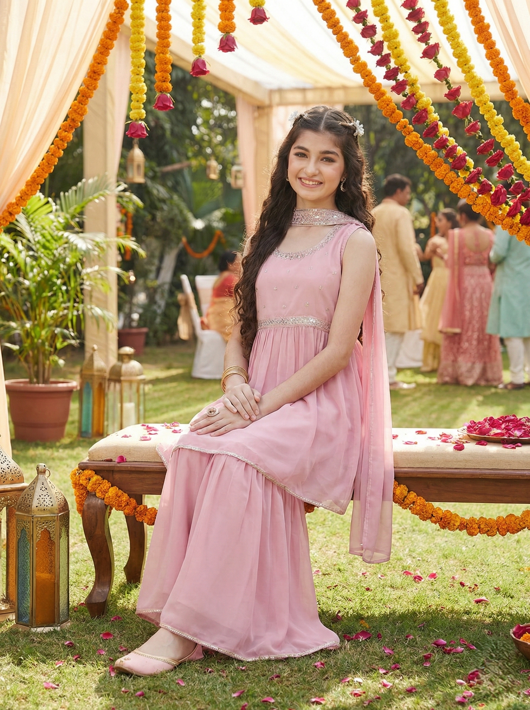 Baby Pink Embroidered Georgette Kurta Sharara & Dupatta for girls