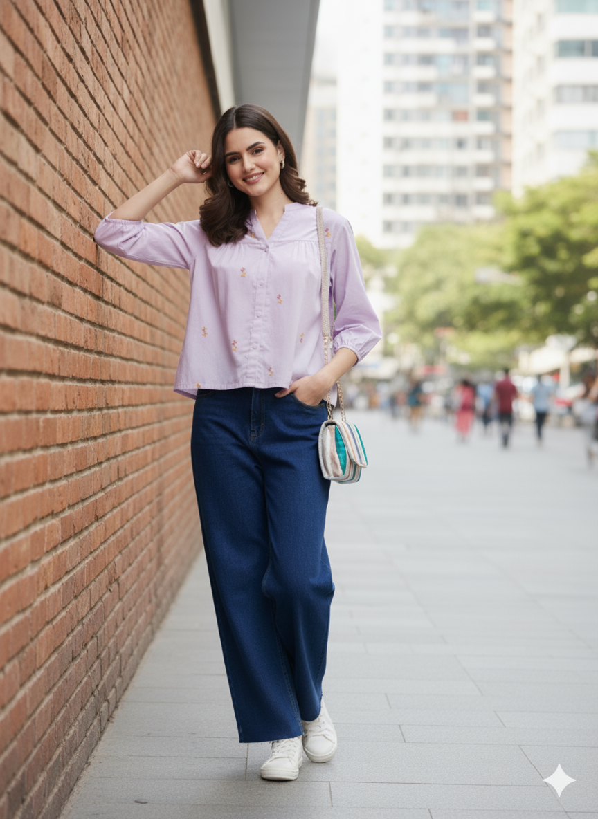 Lavender Casual Cotton Shirt with Elegant Embroidery for women