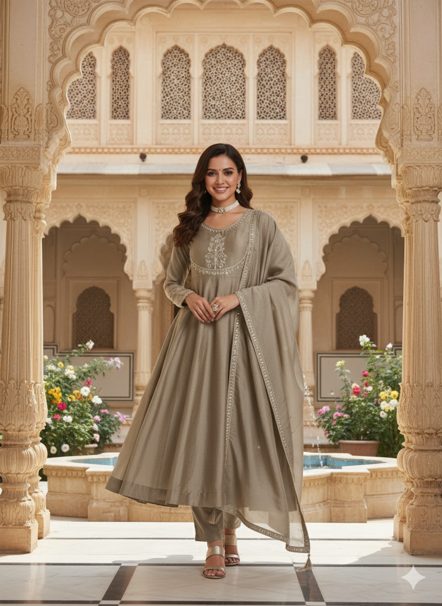 Grey Embroidered Silk Anarkali Kurta With Dupatta Set
