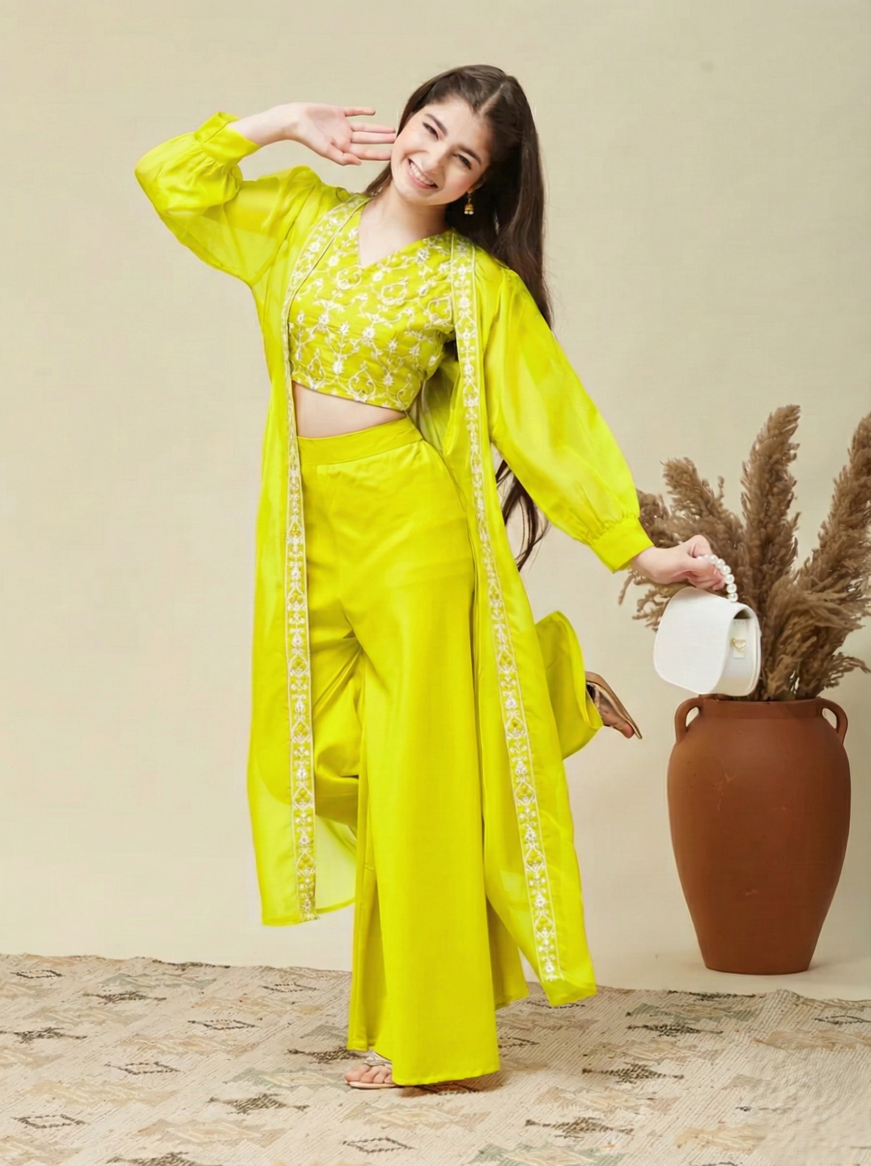 Girl's Neon cotton Embroidered Top, Palazzo Shrug Set