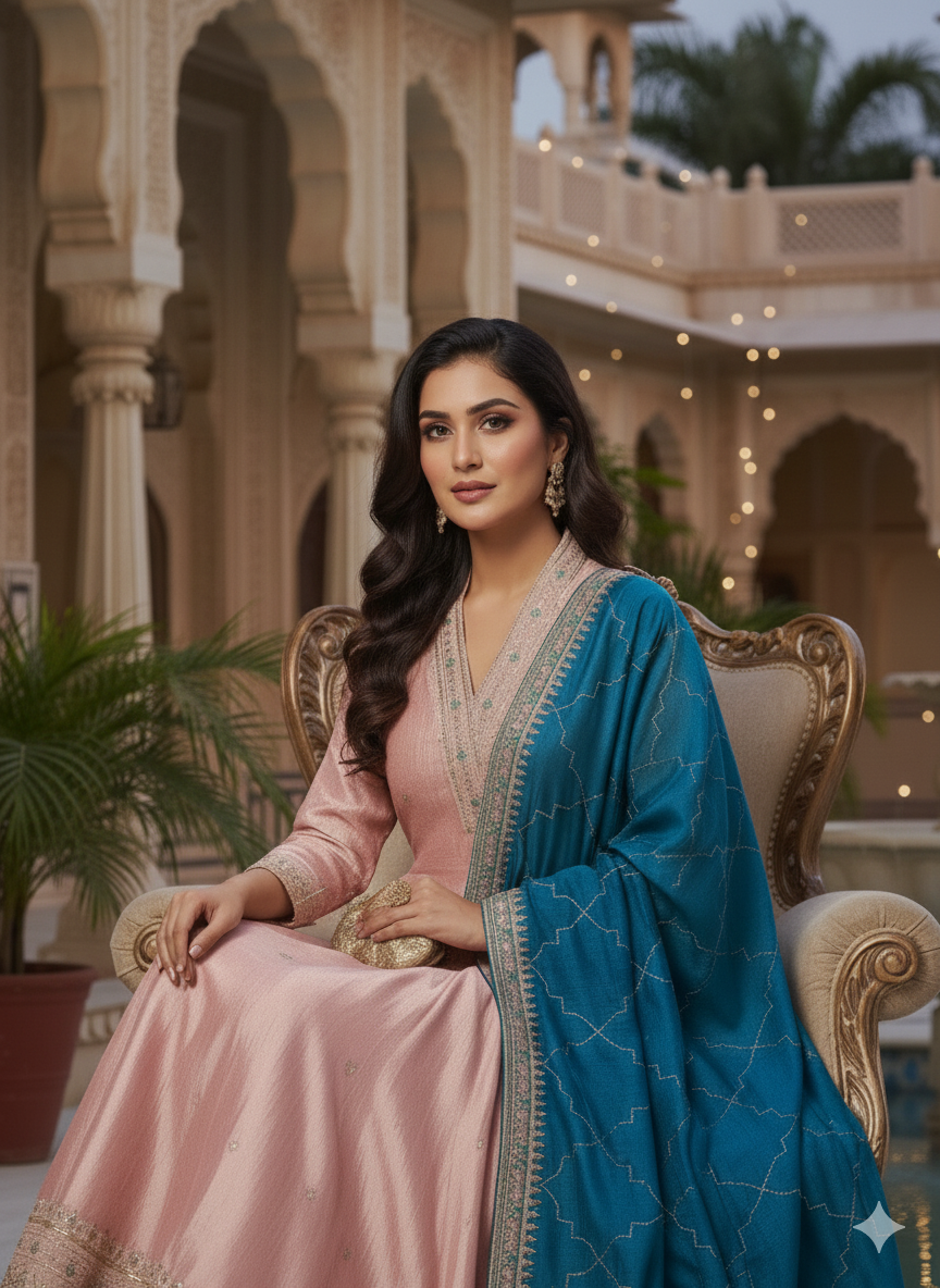Pink Embroidered Silk Anarkali Kurta With Dupatta Set