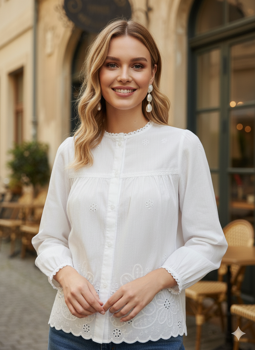 White Embroidered Full Sleeves Regular Cotton Shirt