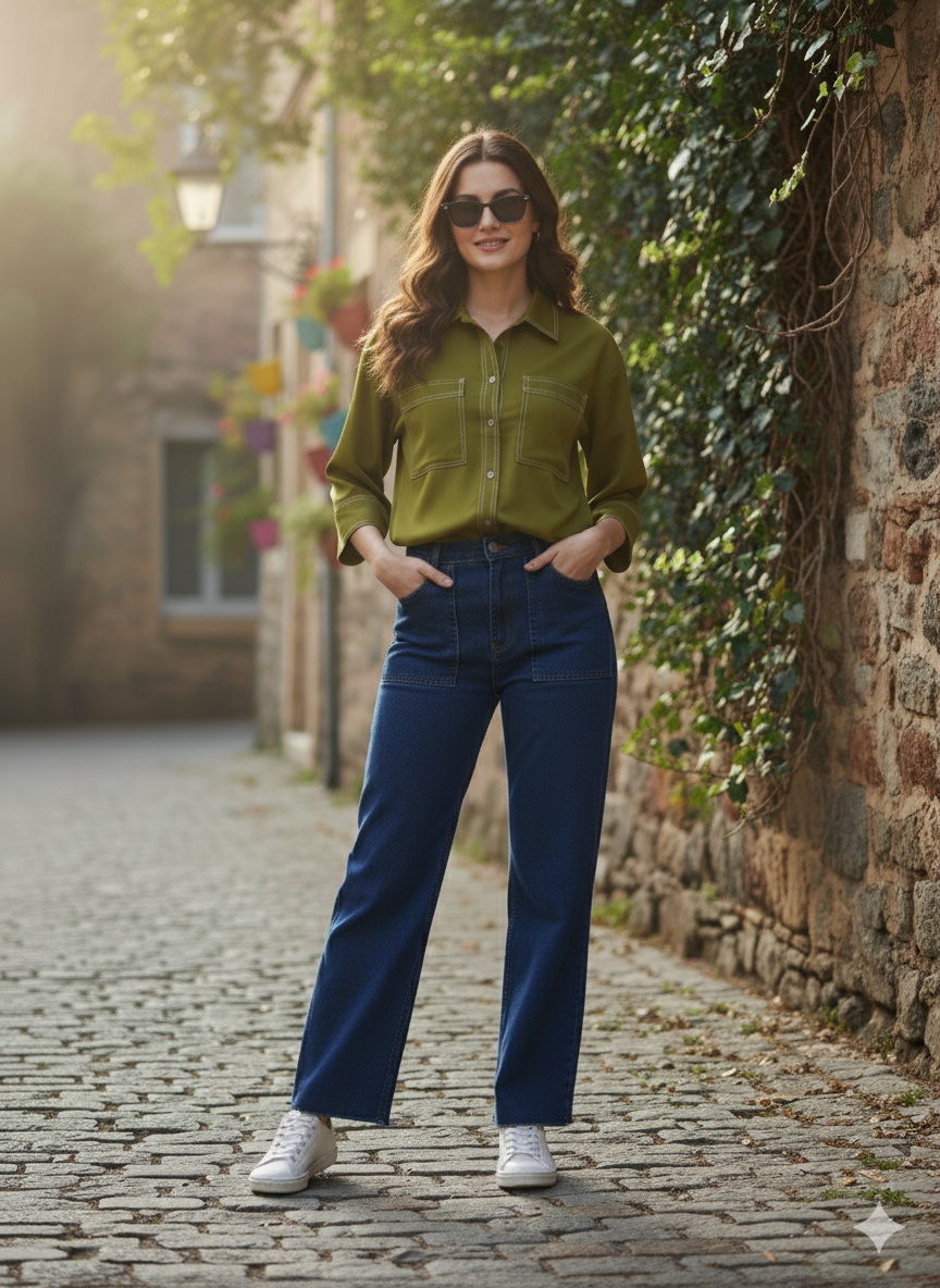 Green Crepe Plain Regular shirt for woman