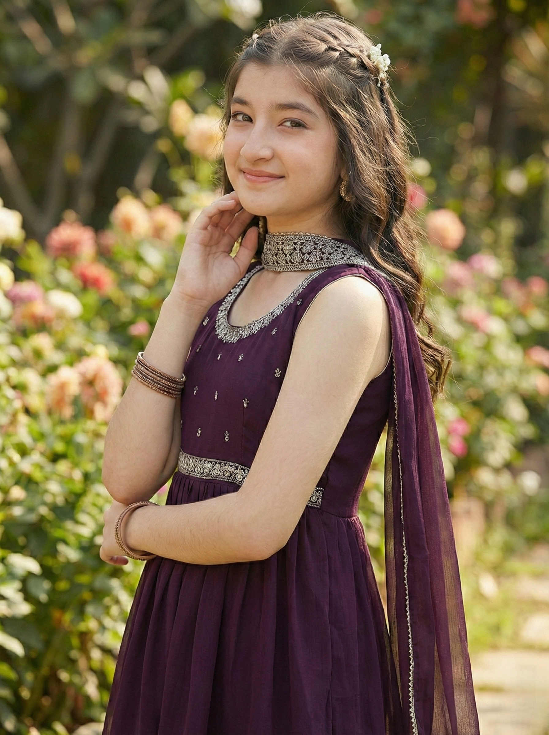 Wine Embroidered Georgette Kurta Sharara & Dupatta for girls