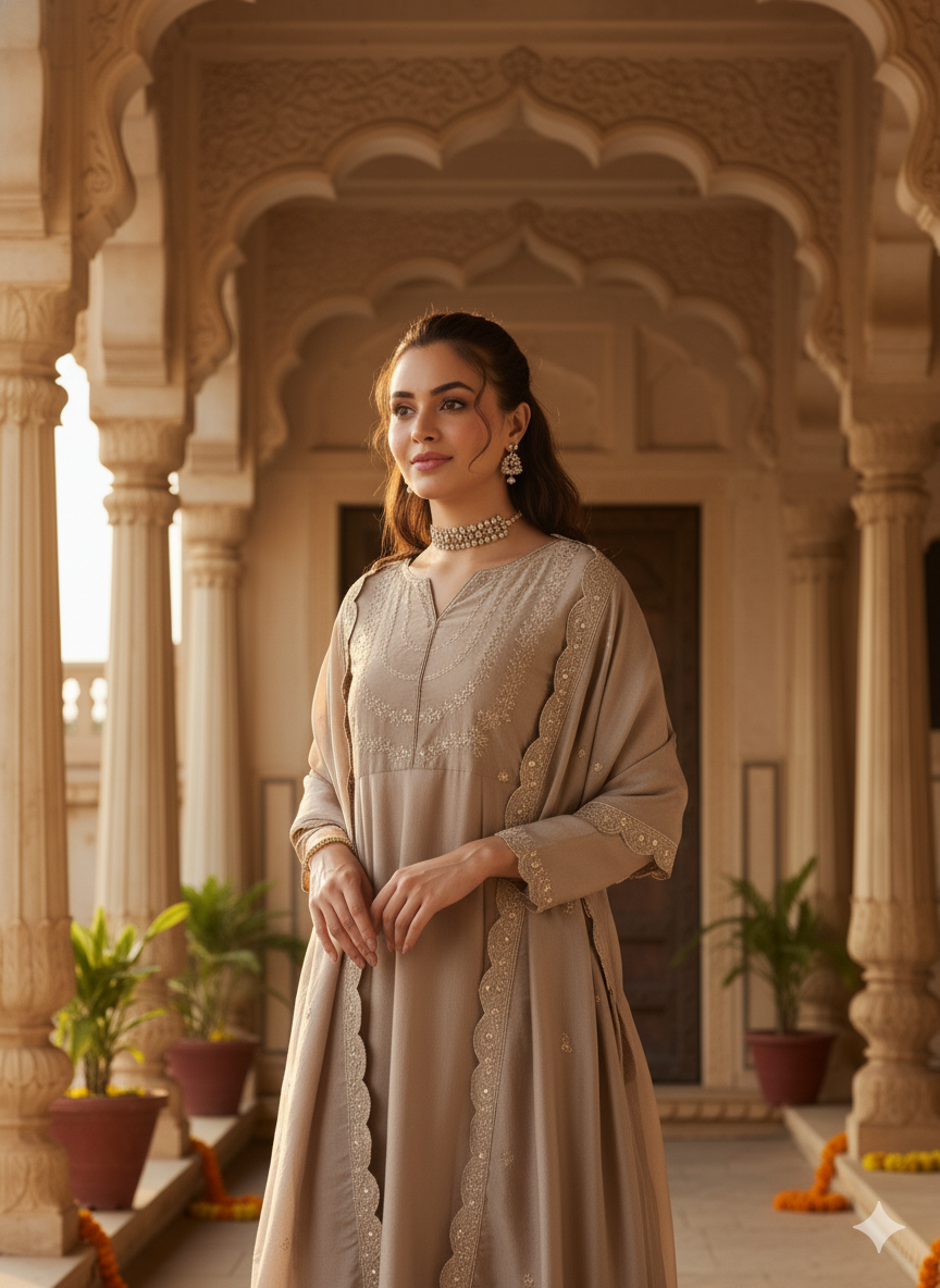 Cream Embroidered Silk Blend Anarkali Kurta With Dupatta Set