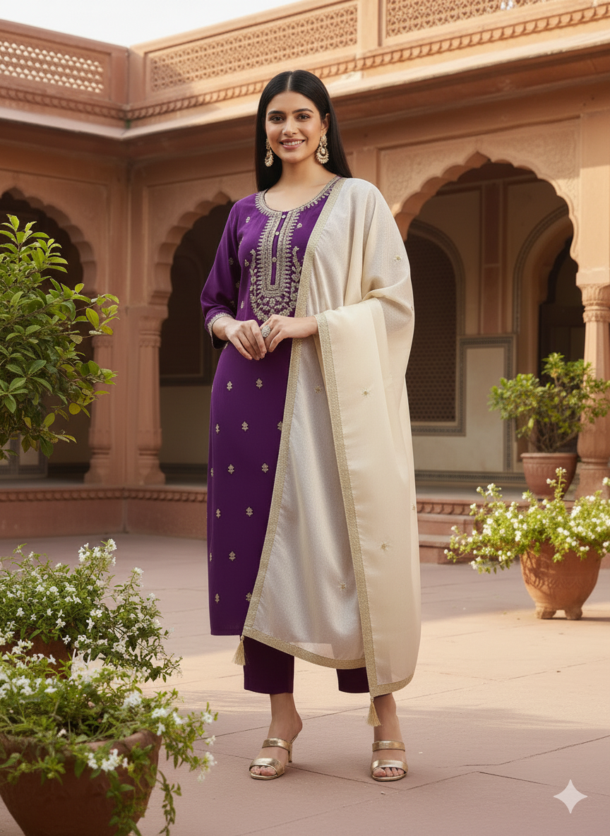 Violet Wel Embroidered With Contras Dupatta Kurta Set