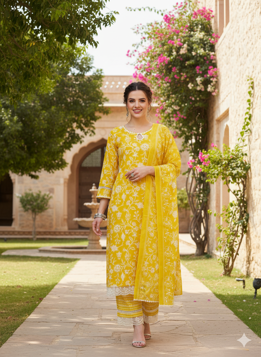 Yellow Floral Print Embroidered Cotton Kurta & Dupatta Set