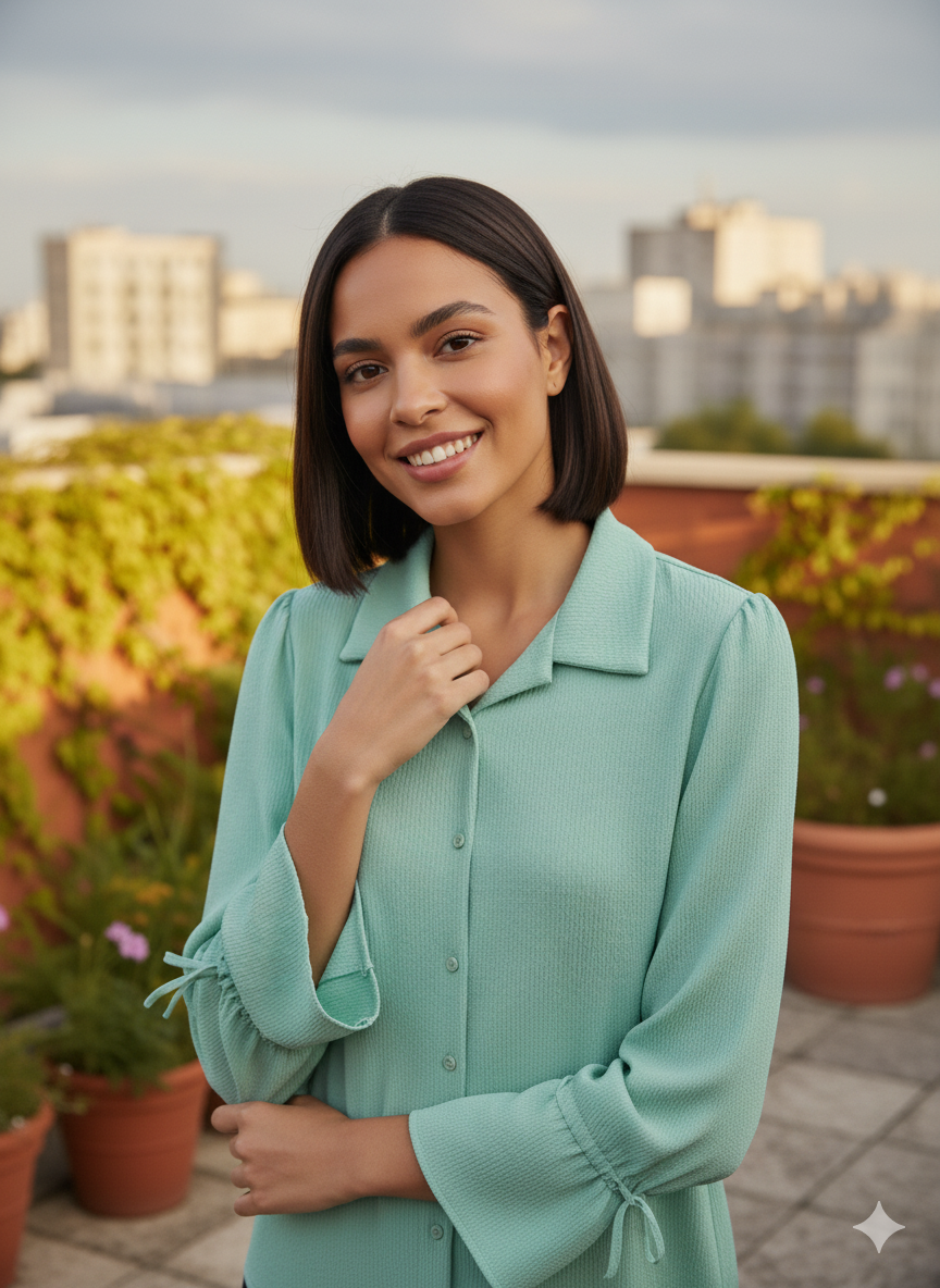 Women's Mint Green Balloon Sleeve Crop Shirt