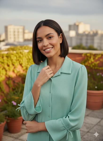 Women's Mint Green Balloon Sleeve Crop Shirt