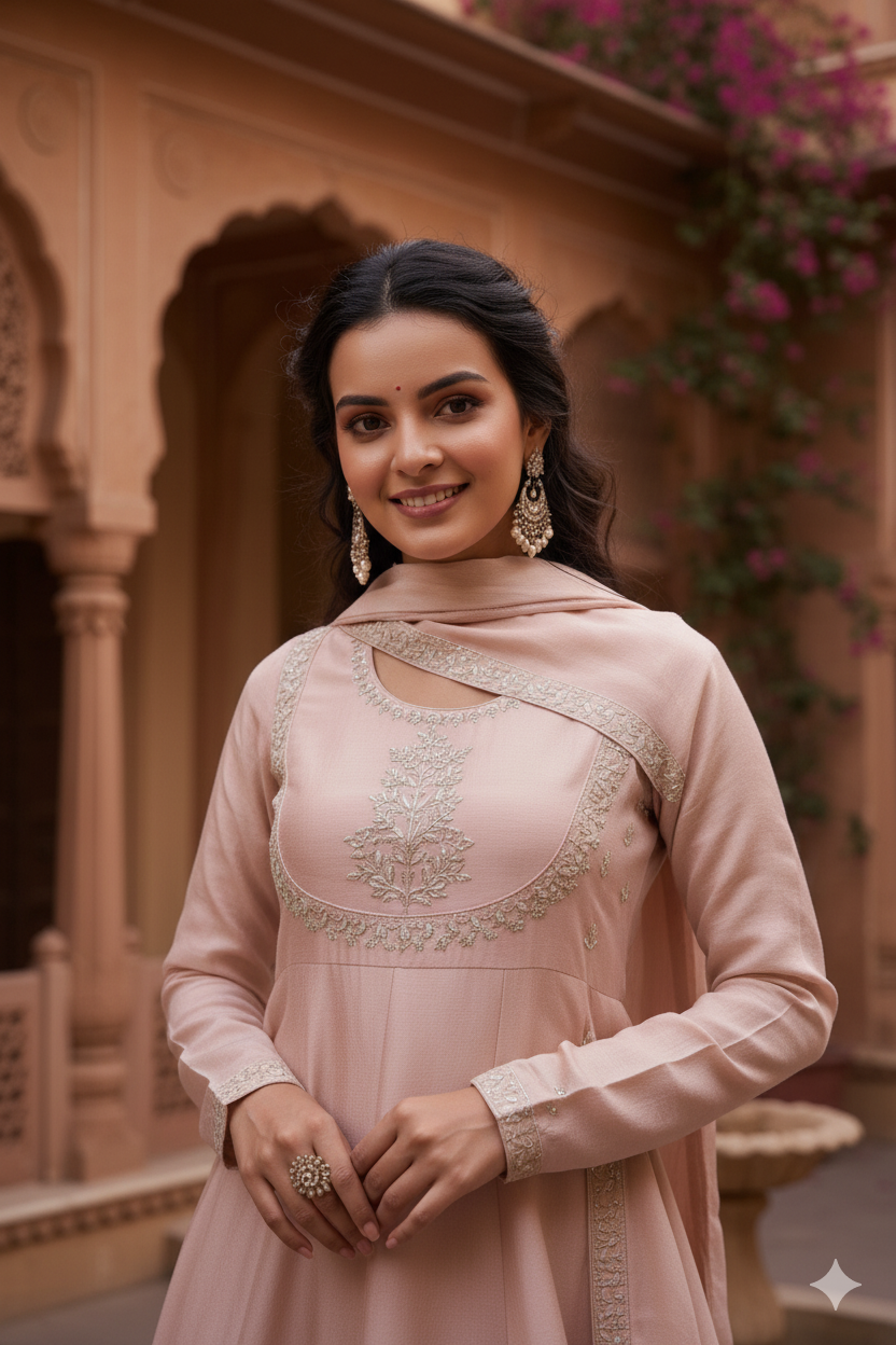 Rose Pink Embroidered Silk Blend Anarkali Kurta With Dupatta Set