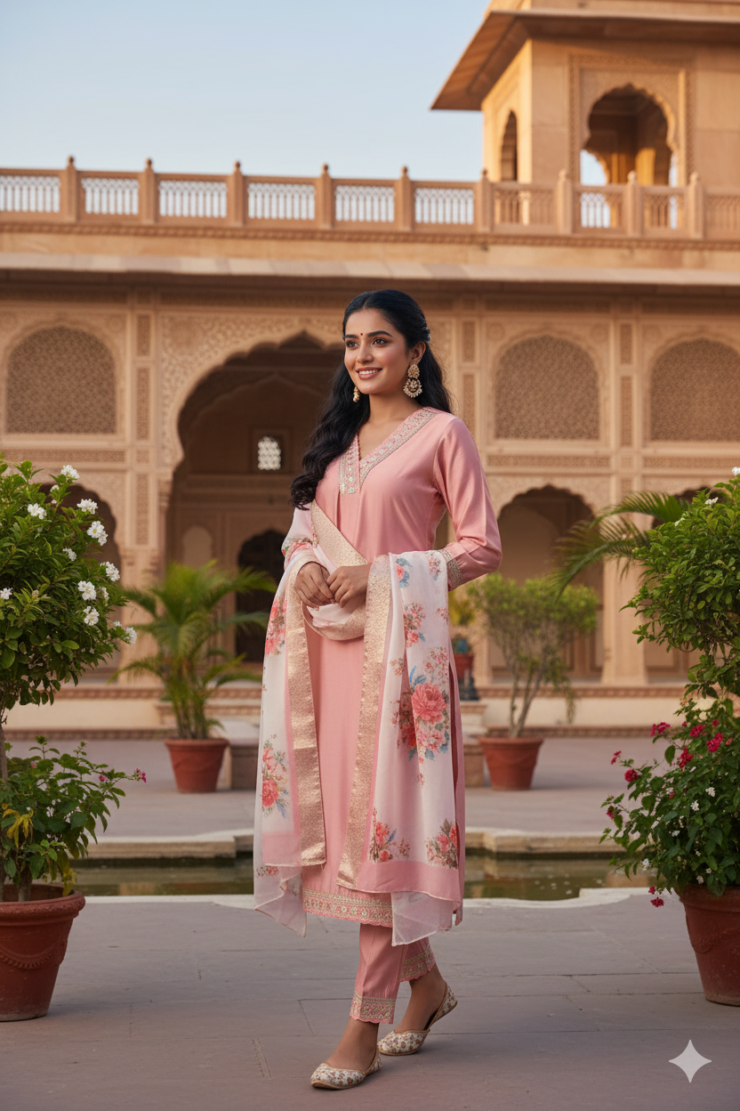 Pink Embroidered Chanderi Viscose Straight Suit With Dupatta