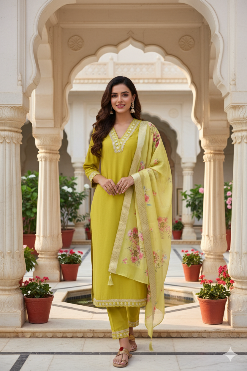 Neon Embroidered Chanderi Viscose Straight Suit With Dupatta