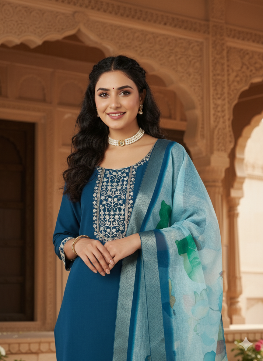 Teal Blue Yoke Design Chinon Straight Suit With Printed Dupatta