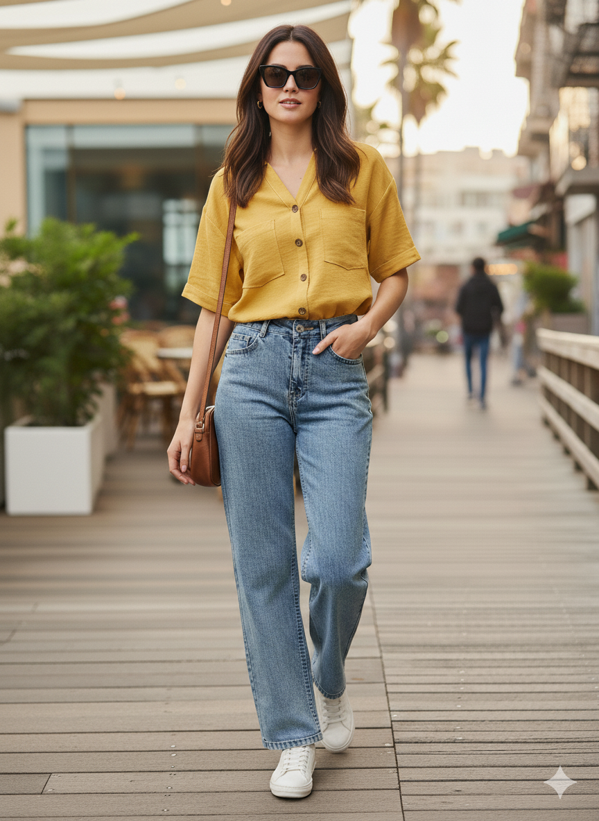 Women Yellow Cotton Blend Plain Regular Half Sleeve Shirt