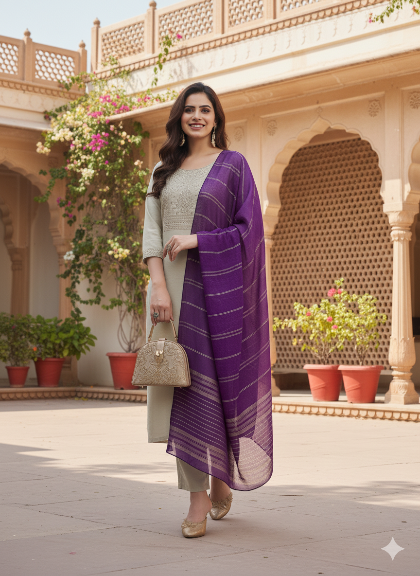 Beige Embroidered Chinon Kurta with Dupatta Set
