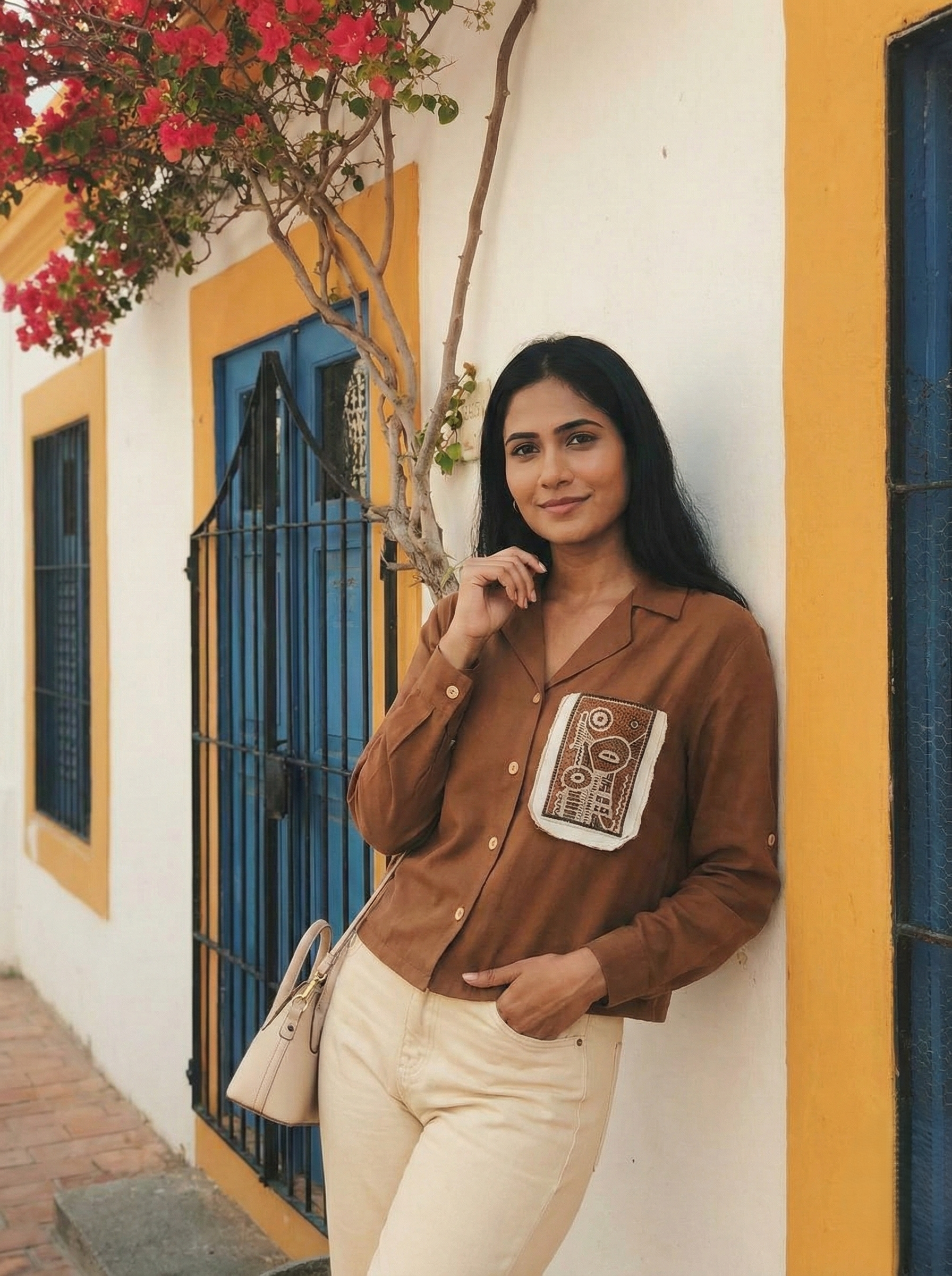 Caramel Viscose Blend Embroidered Shirt for Women | Embroidered Shirt for Women | frontside view