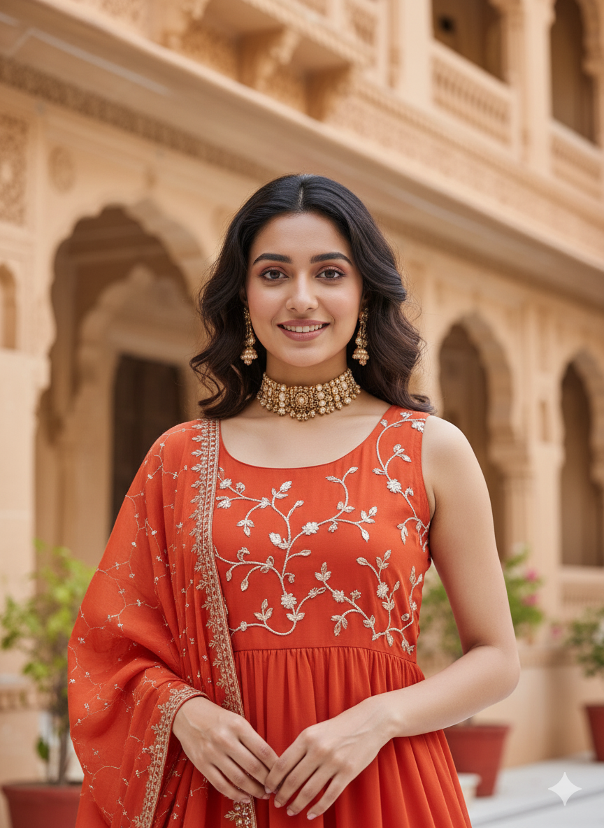 Orange Embroidered Tiered Anarkali Kurta with Dupatta set