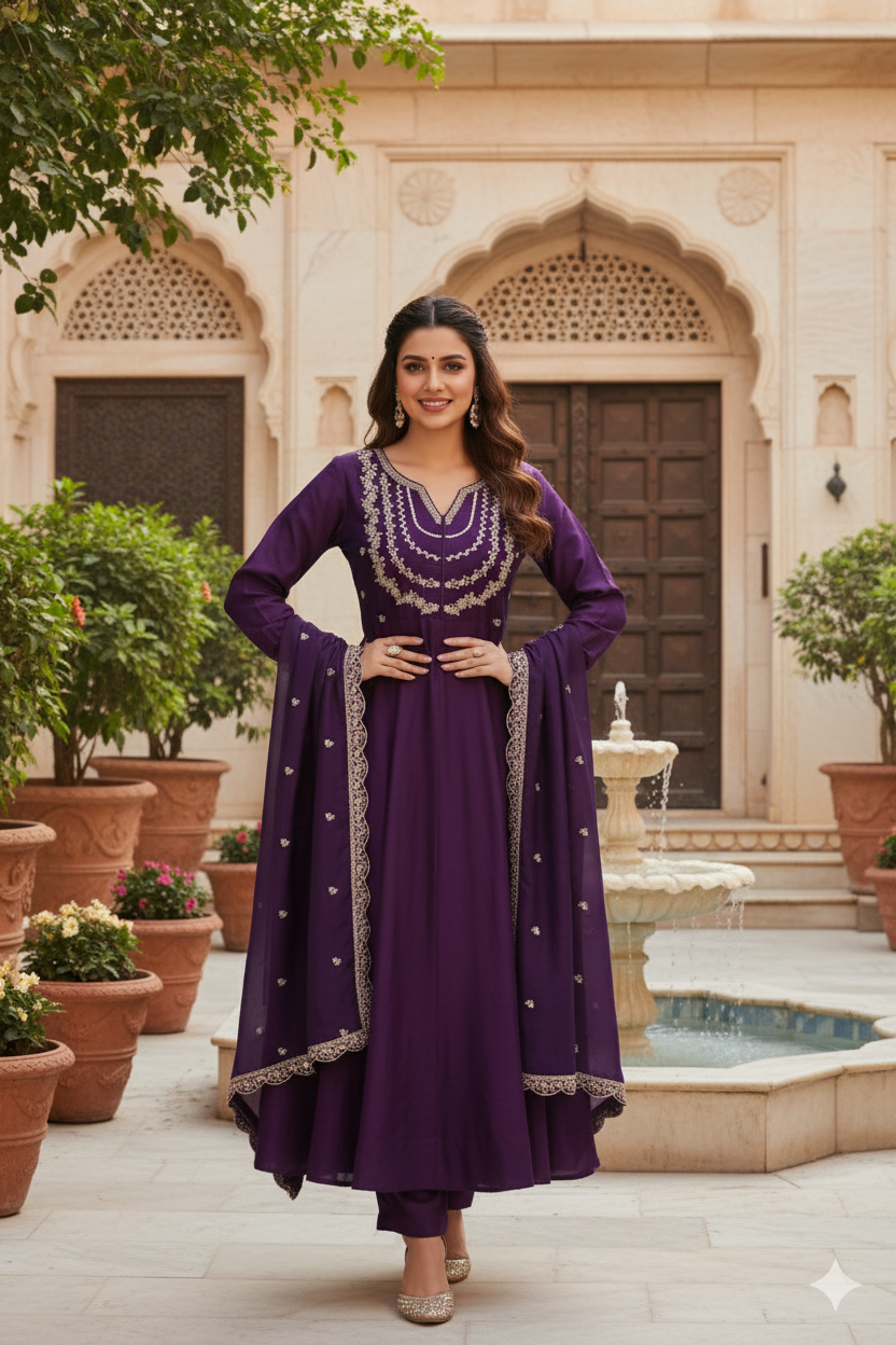 Violet Embroidered Silk Blend Anarkali Kurta With Dupatta Set