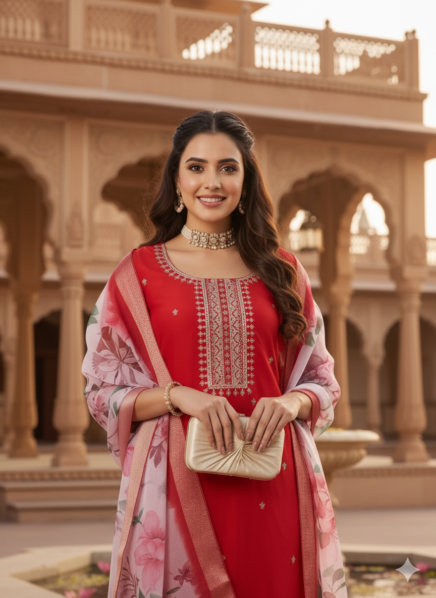 Red Embroidered Chinon Straight Suit With Printed Dupatta