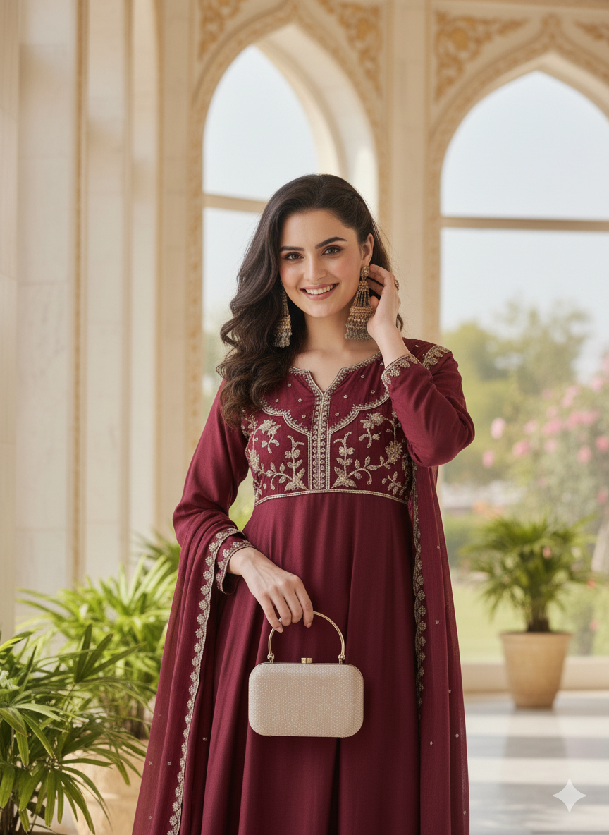 Berry Red Embroidered Silk Anarkali kurta with Dupatta Set