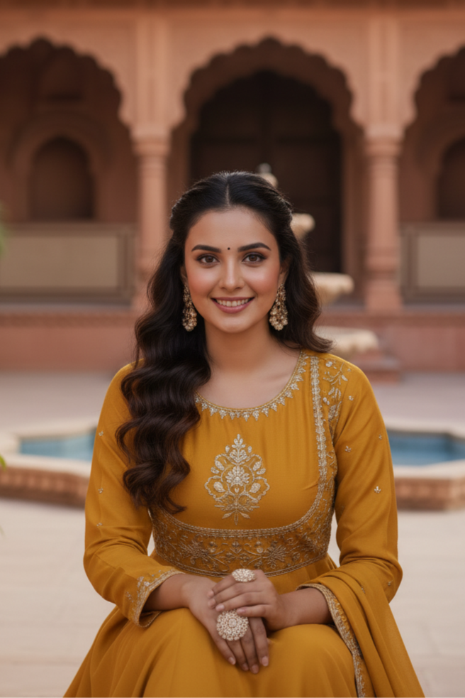 Mustard Embroidered Silk Blend Anarkali Kurta With Dupatta Set