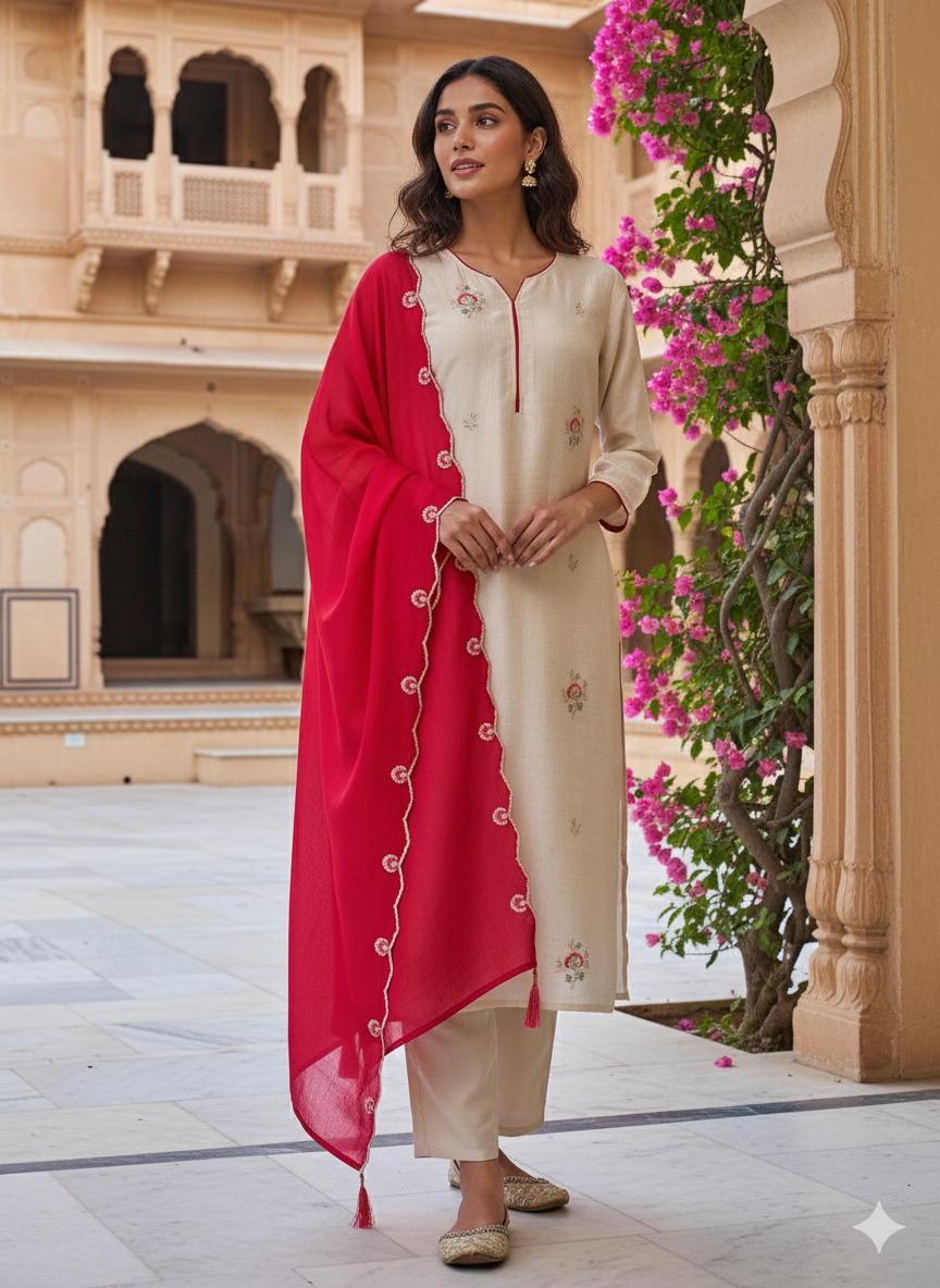 Cream Embroidered Chinon Kurta with Dupatta Set