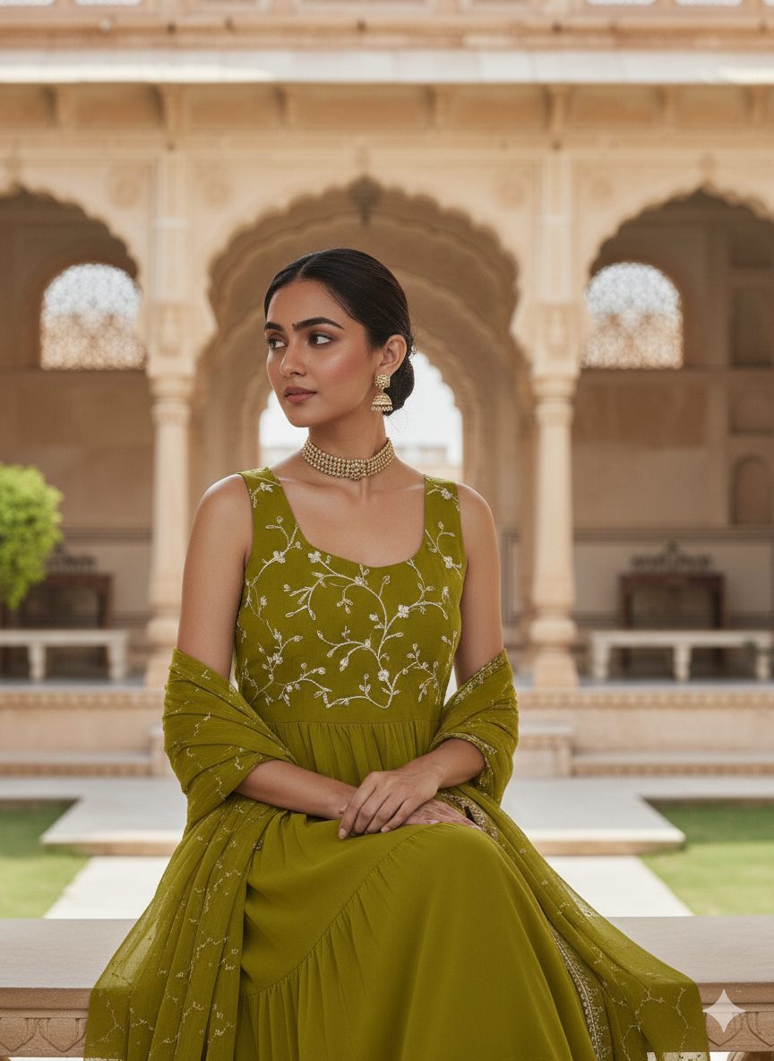 Green Embroidered Tiered Anarkali Kurta with Dupatta set