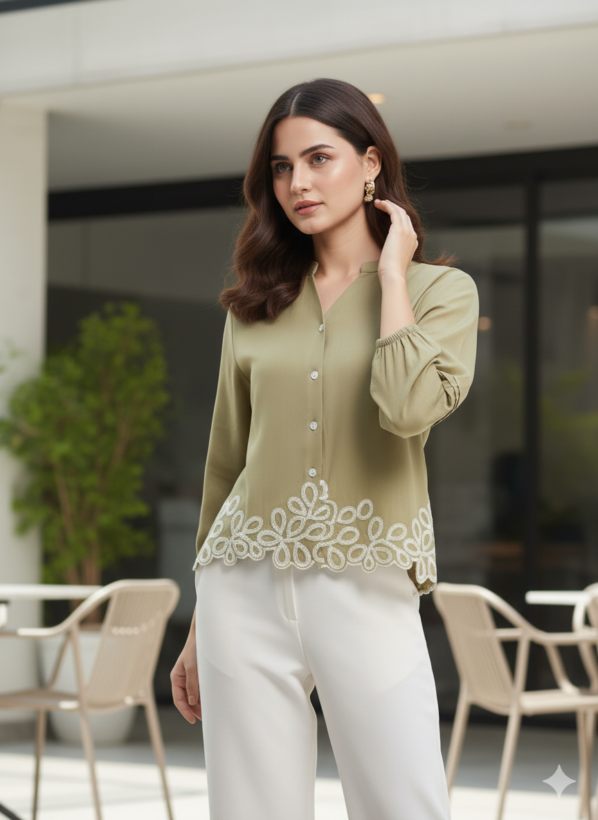 Khaki Embroidered Full Sleeves Regular Rayon Shirt