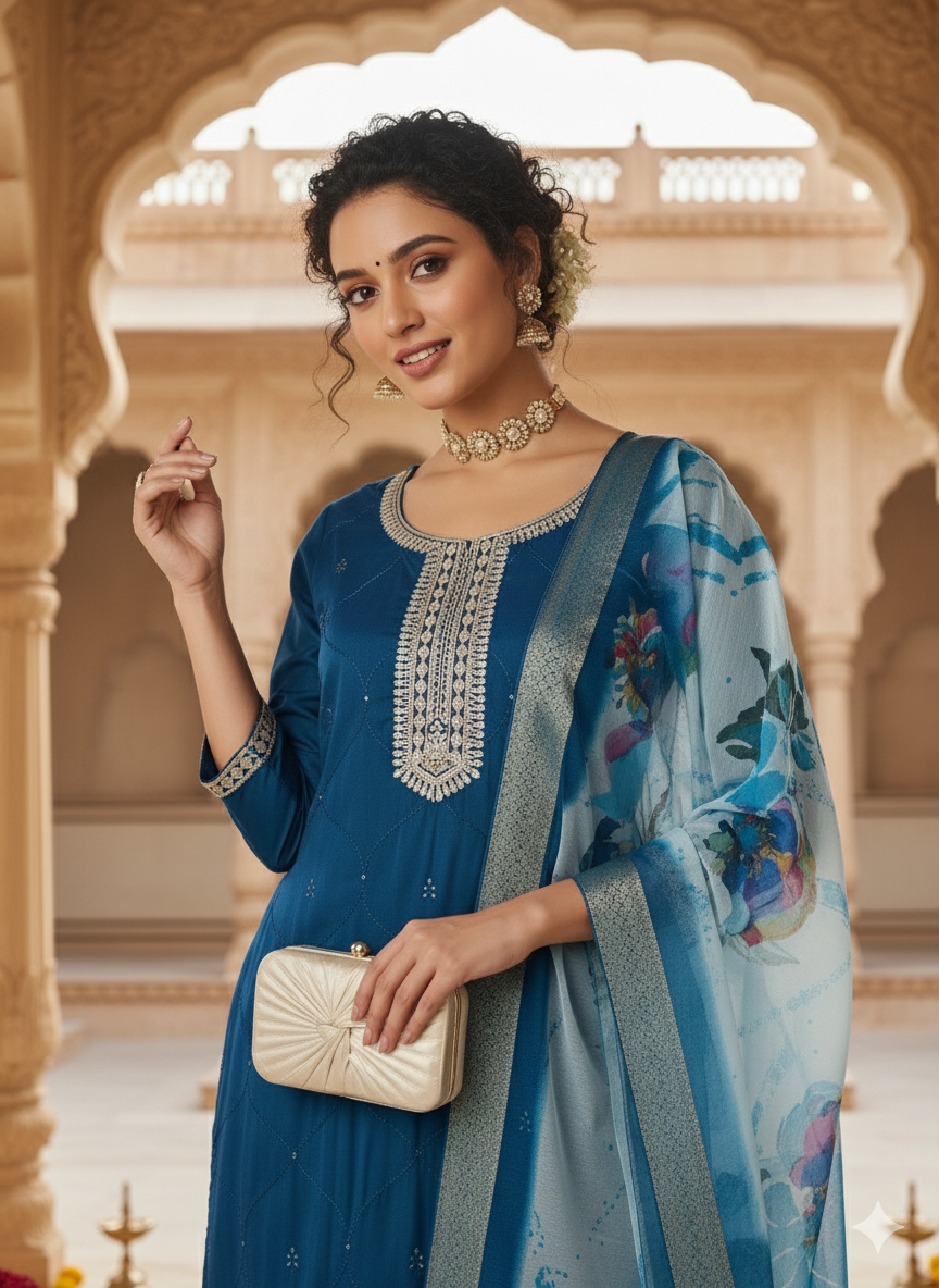 Teal Blue Yoke Design Chinon Straight Kurta Set with Dupatta