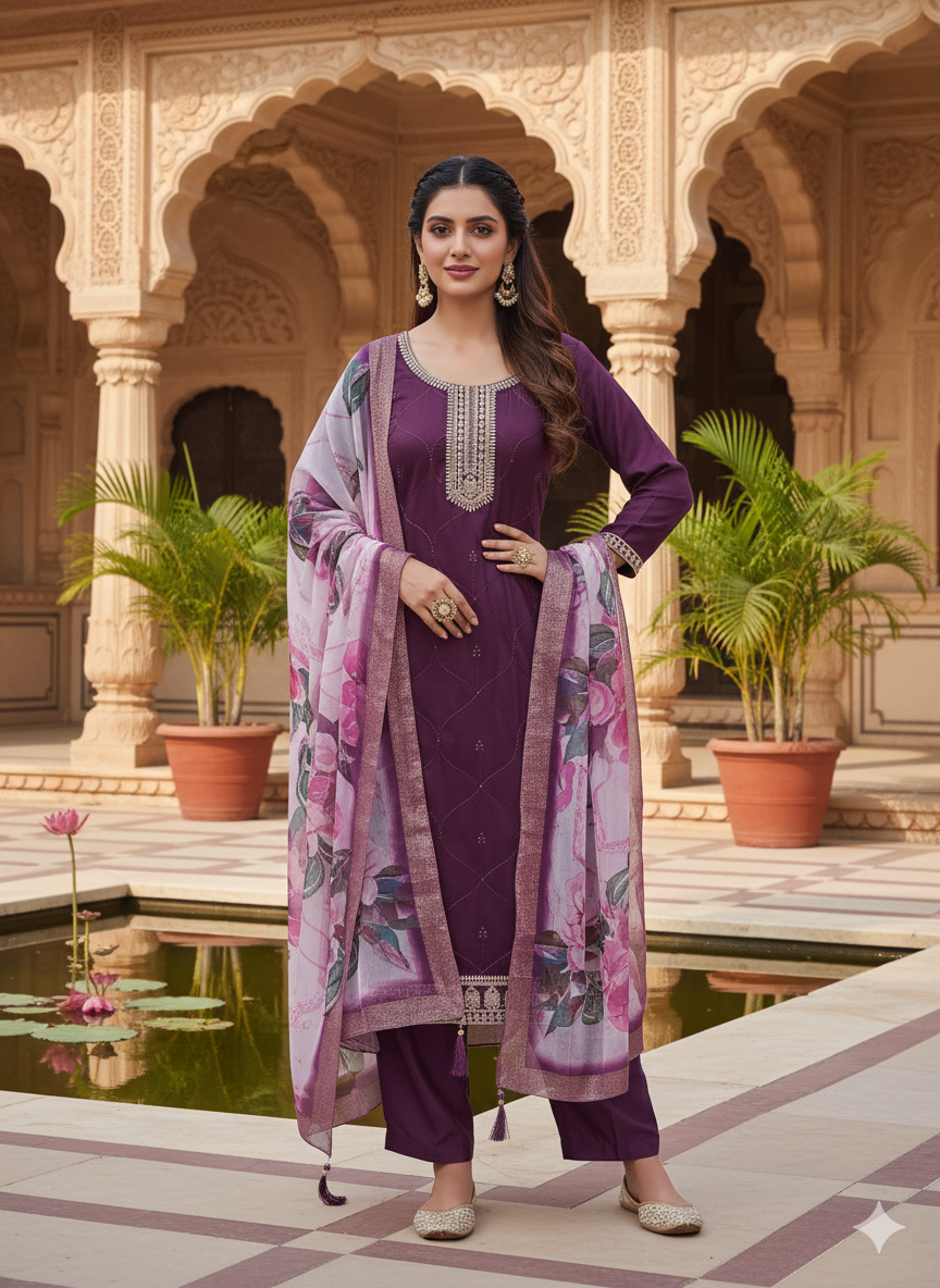 Wine Yoke Design Chinon Straight Kurta Set with Dupatta