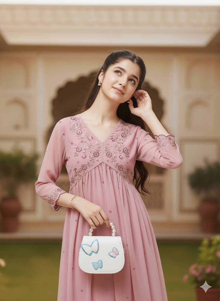 Pink Georgette Embroidered Kurta & Pant Set for Girls